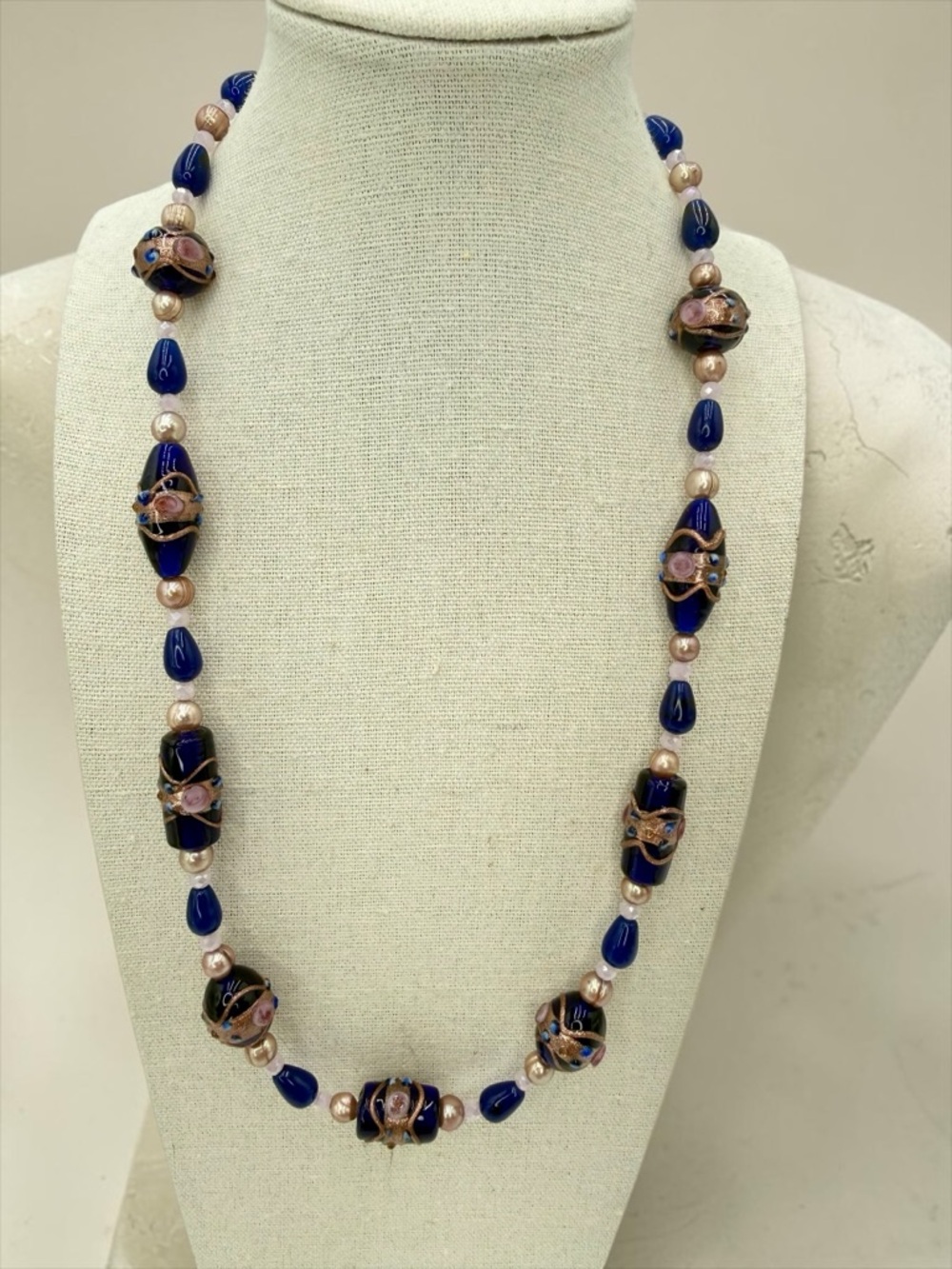 Venetian Wedding Cake Bead Necklace Blue Jade Genuine Pearl Pink Crystal 20” - Picture 3 of 17